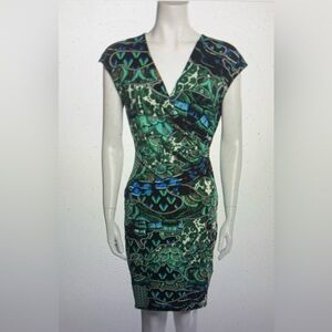 Roberto Cavalli, sheath dress, short sleeve V-neck, green blue black size 42/med